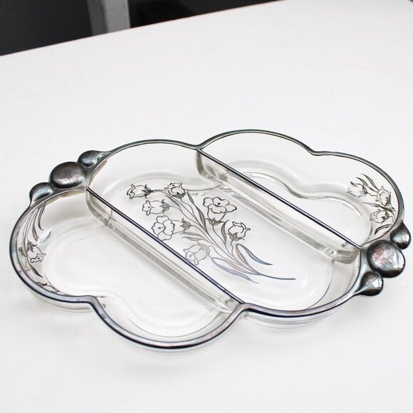 Vintage Silver Floral Daffodil Overlay Painted Divided Glass Serving Tray - Picture 2 of 6